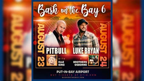 Bash at the bay 2023 - Aug 8, 2023 · Bash on the Bay Music Fest (Aug. 23-24, 2023) Put-in-Bay, Ohio. Bash on the Bay returns to Put-in-Bay with iconic Latin musician, Pitbull and country superstar, Luke Bryan headlining the two-day music festival that takes place at the Put-in-Bay Airport! The concert venue at the Put-in-Bay Airport will open at 2:30pm and the first act is at 3pm. 